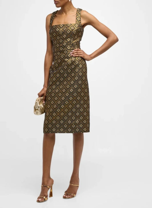 Metallic Medallion Brocade Midi  Dress